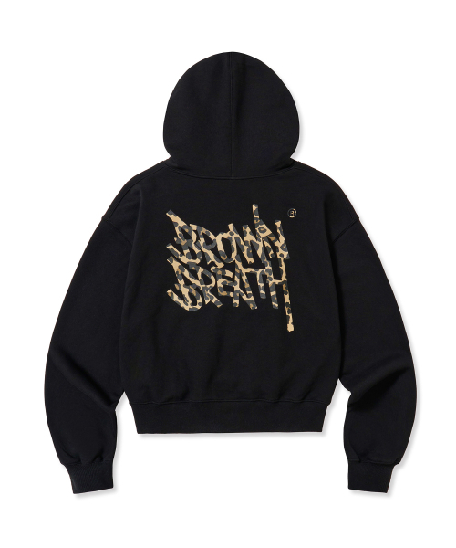 W LEOPARD TAG CROP HOODIE - BLACK
