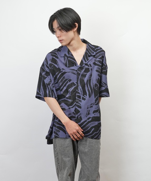 MARK & LONA カウ柄シャツ サイズ44 セール】フラワー柄 幾何学柄 オープンカラー 半袖 シャツ(GW)（シャツ