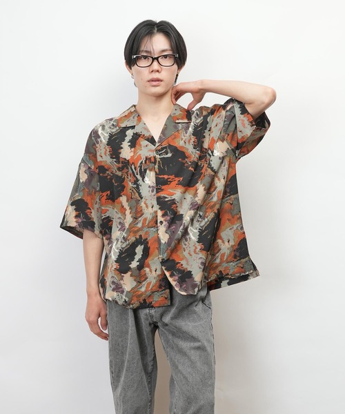 セール】フラワー柄 幾何学柄 オープンカラー 半袖 シャツ(GW)（シャツ