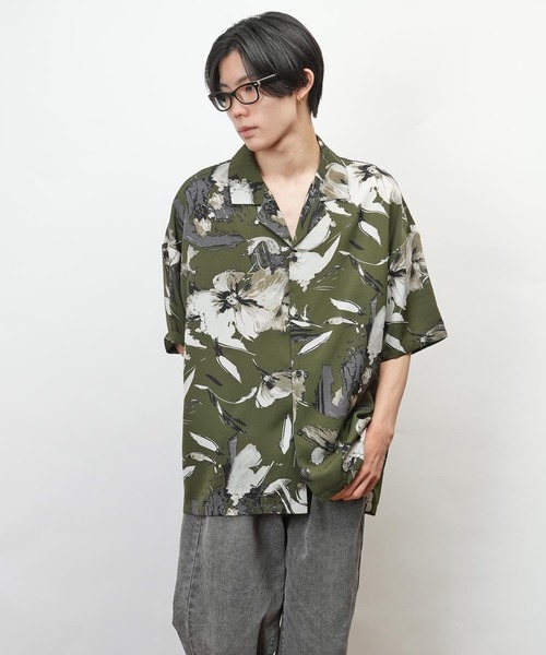セール】フラワー柄 幾何学柄 オープンカラー 半袖 シャツ(GW)（シャツ