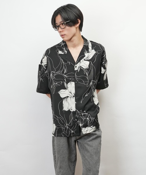 フラワー柄 幾何学柄 オープンカラー 半袖 シャツ(GW)（シャツ