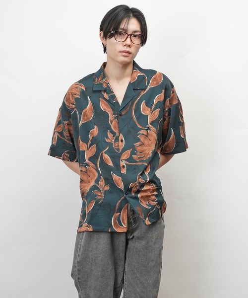 セール】フラワー柄 幾何学柄 オープンカラー 半袖 シャツ(GW)（シャツ