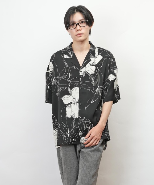 セール】フラワー柄 幾何学柄 オープンカラー 半袖 シャツ(GW)（シャツ