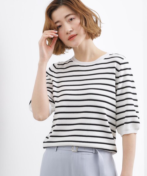 grove(グローブ)の「【貴島明日香さん着用・シリーズ累計34万枚】やわらかドライタッチ 五分袖クルーネックニット(ニット/セーター・レディース・シルバー/オフホワイト/ホワイト系5/ブルー/ブルー系その他/ピンクゴールド/レッド系/ブラック/ブラック系2/ブルー系7・02/03/01/05/04)」の3枚目の写真