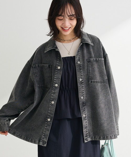 Green　Parks（グリーンパークス）の「デニムシャツブルゾン（デニムジャケット・レディース・ブラック/ライトインディゴブルー・FREE）」の2枚目の写真