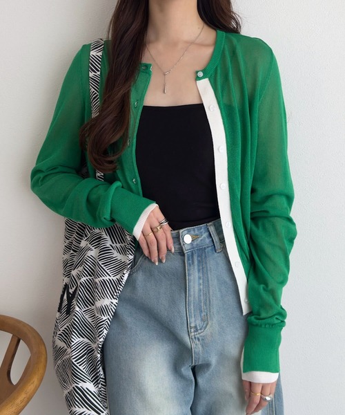 KOBE LETTUCE(コウベレタス)の「バイカラーシアーニットカーディガン(ニット/セーター・レディース・ピンク/グリーン/ネイビー・M)」の6枚目の写真