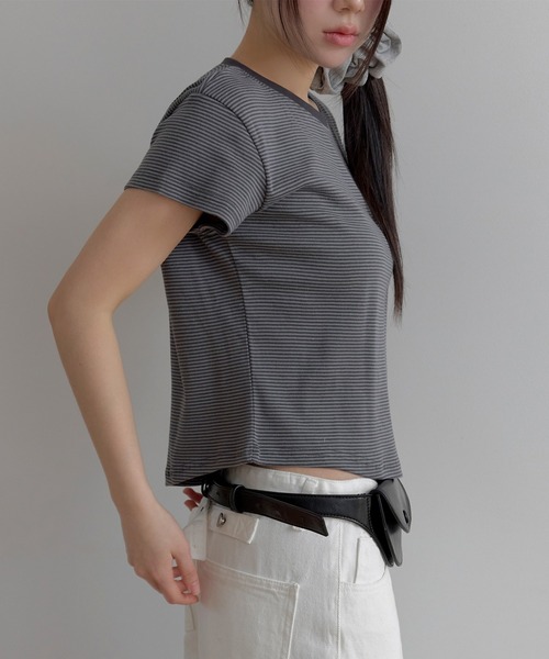 UNE MANSION(ユヌマンション)の「【UNE ORIGINAL】ベーシックバイカラーストライプリンガー半袖Tシャツ(Tシャツ/カットソー・レディース・グレー/スカイブルー/バーガンディー/クリーム・FREE)」の8枚目の写真