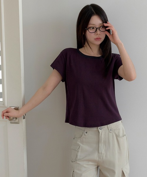UNE MANSION(ユヌマンション)の「【UNE ORIGINAL】ベーシックバイカラーストライプリンガー半袖Tシャツ(Tシャツ/カットソー・レディース・グレー/スカイブルー/バーガンディー/クリーム・FREE)」の21枚目の写真