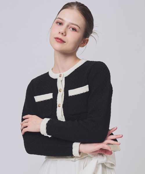 SWINGLE(スウィングル)の「配色ニットジャケット(ノーカラージャケット・レディース・ブルー/ブラック/オフホワイト・FREE)」の3枚目の写真