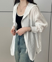 【袖アレンジ可/フード＆調節紐付き】長袖 シアー アシメヘム＆ドロップショルダー シャツ レディース