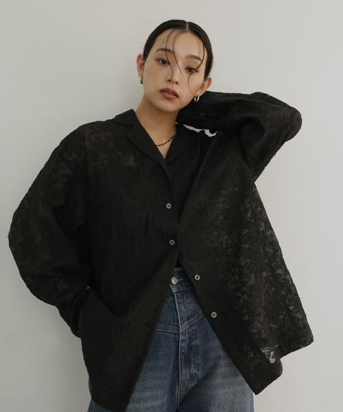 hellam（へラム）の「刺繍シアーオープンカラーシャツ（シャツ/ブラウス・レディース・ブラック/アイボリー・FREE）」の2枚目の写真