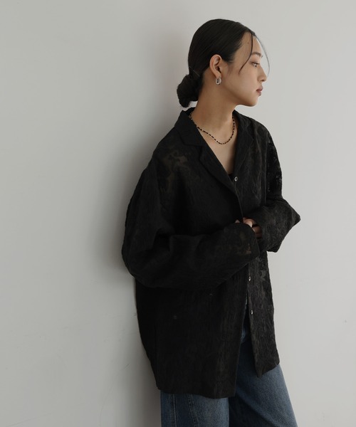 hellam（へラム）の「刺繍シアーオープンカラーシャツ（シャツ/ブラウス・レディース・ブラック/アイボリー・FREE）」の3枚目の写真