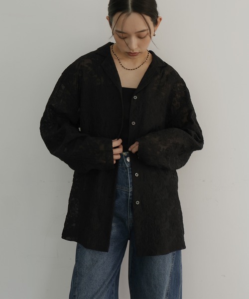 hellam（へラム）の「刺繍シアーオープンカラーシャツ（シャツ/ブラウス・レディース・ブラック/アイボリー・FREE）」の5枚目の写真