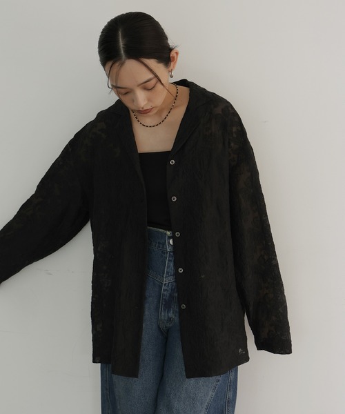 hellam（へラム）の「刺繍シアーオープンカラーシャツ（シャツ/ブラウス・レディース・ブラック/アイボリー・FREE）」の10枚目の写真