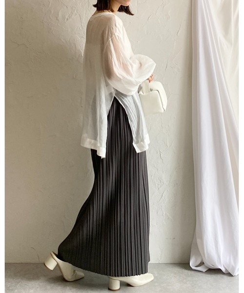 She's Closet(シーズクローゼット)の「ストレート Iライン ハイウエスト ゴム入り ロング プリーツスカート(スカート・レディース・チャコールグレー/ブラック/グレイッシュベージュ/アイボリー/マスタード・L/M)」の20枚目の写真