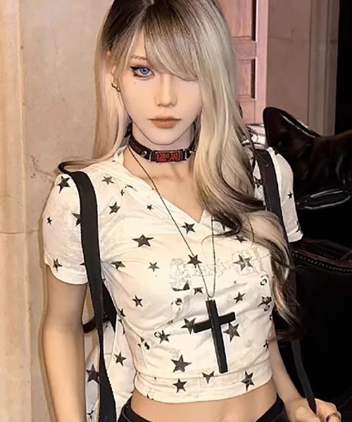 lilful(リルフル)の「【26年春夏新作】うさ耳付き スタードット柄 ラインストーンロゴ フード付きパーカー(Tシャツ/カットソー・レディース・ホワイト・F)」の5枚目の写真