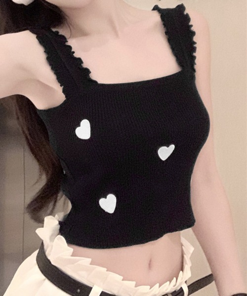 Miniministore(ミニミニストア)の「タンクトップ 韓国風夏服 ハート柄キャミ(タンクトップ・レディース・ブラック・FREE)」の1枚目の写真