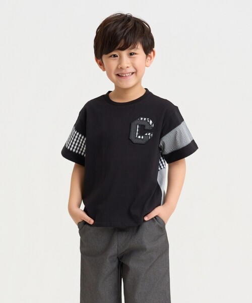 COMME CA ISM(コムサイズム)の「ギンガムチェック 切り替え 半袖Tシャツ(Tシャツ/カットソー・キッズ・ブラック/オフホワイト・140cm/130cm/120cm/110cm/100cm/150cm)」の1枚目の写真
