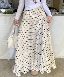 ドット柄フリルプリーツロングスカートフレアスカート