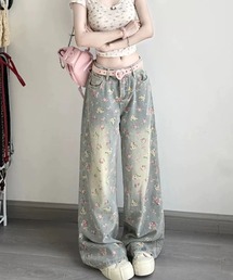 小花柄 デニムワイドパンツ