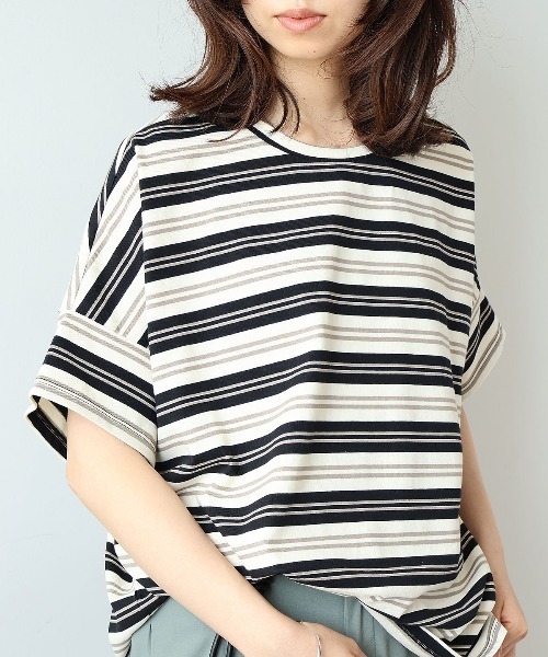 leswel（レスウェル）の「【M～5L】【UVカット】マルチボーダーTシャツ（Tシャツ/カットソー・レディース・ブラック/ブラウン/ネイビー・M/L/LL/3L/4L/5L）」の7枚目の写真
