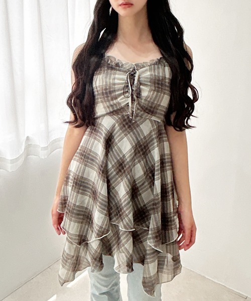 INGNI（イング）の「シアーチェックイレヘムミニキャミワンピース（ワンピース・レディース・ホワイト系9/ブラック系/ネイビー系2・M）」の2枚目の写真