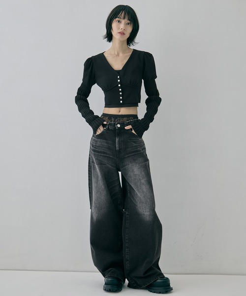 JOHN LAWRENCE SULLIVAN(ジョンローレンスサリバン)の「【JOHN LAWRENCE SULLIVAN/ジョンローレンスサリバン】《STUDIOUS別注》 WASHED DENIM CUT OUT WIDE PANTS/ウォッシュドデニムカットアウトワイドパンツ(デニムパンツ・レディース・ブラック/ダークインディゴブルー・XS/M/S)」の6枚目の写真