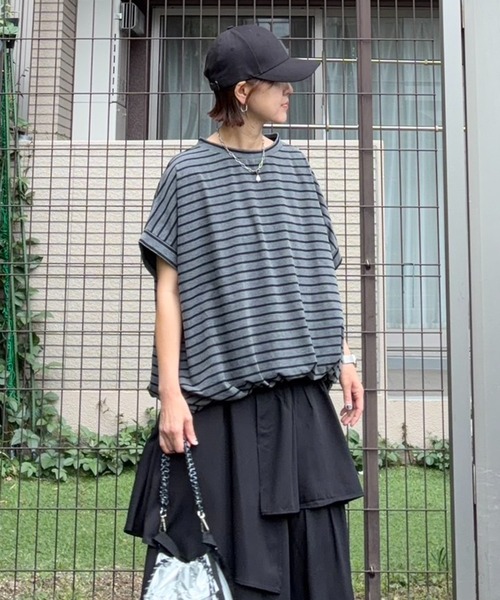 notch.(ノッチ)の「【 notch. by KR 】ボーダードルマンドローコードTシャツ(Tシャツ/カットソー・レディース・ネイビー/オリーブ/ダークグレー/オフホワイト・M)」の1枚目の写真