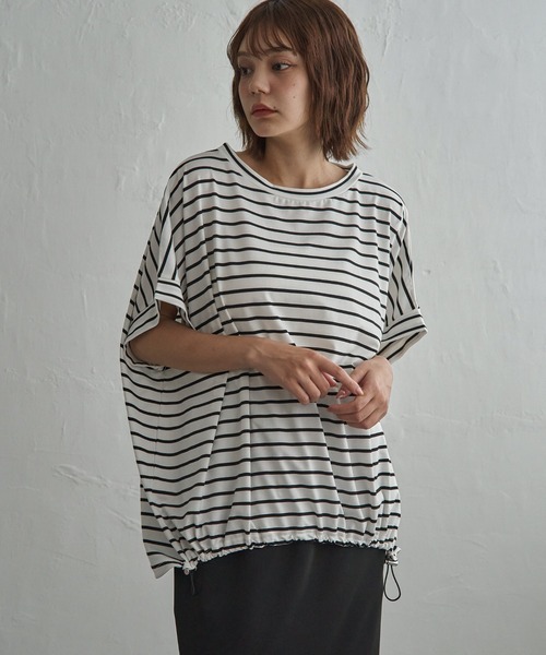 notch.(ノッチ)の「【 notch. by KR 】ボーダードルマンドローコードTシャツ(Tシャツ/カットソー・レディース・ネイビー/オリーブ/ダークグレー/オフホワイト・M)」の5枚目の写真