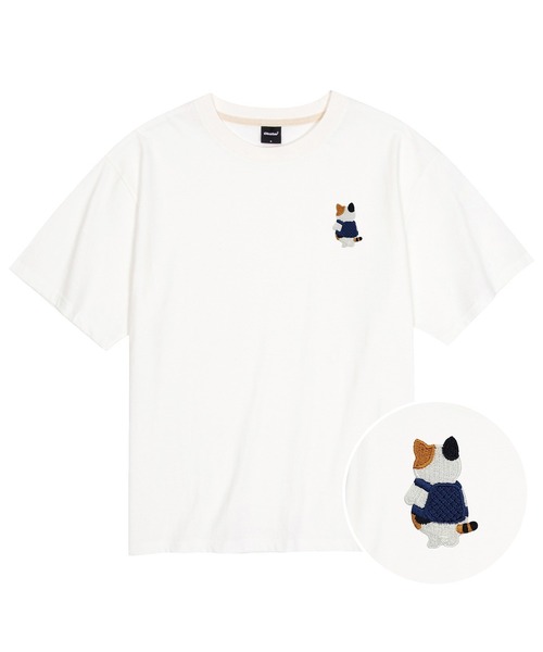OKSTAR(オクスター)の「クールコットンバッグ三色ニャン刺繍半袖Tシャツ(Tシャツ/カットソー・レディース・ホワイト/ブラック/ダークグリーン/クリーム・SMALL/MEDIUM/LARGE/X-LARGE/XX-LARGE)」の1枚目の写真