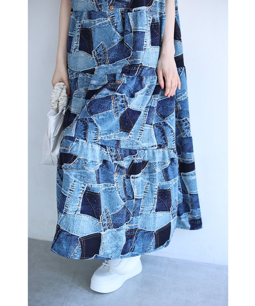cawaii(カワイイ)の「涼やかなデニムパッチワーク風プリントミディアムワンピース(紐ベルト付き)(ワンピース・レディース・ブルー・FREE)」の16枚目の写真