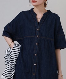 ライトオンスデニムスキッパーネックシャツワンピース 半端袖