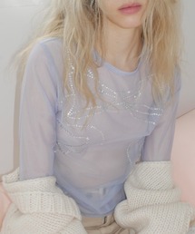 line stone ribbon tulle tops