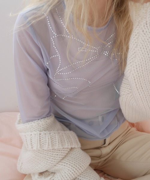 HONEY MI HONEY（ハニーミーハニー）の「line stone ribbon tulle tops（Tシャツ/カットソー・レディース・ピンク/サックスブルー/クリーム・FREE）」の5枚目の写真