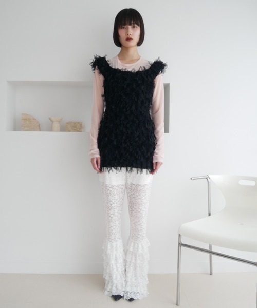 HONEY MI HONEY（ハニーミーハニー）の「line stone ribbon tulle tops（Tシャツ/カットソー・レディース・ピンク/サックスブルー/クリーム・FREE）」の7枚目の写真