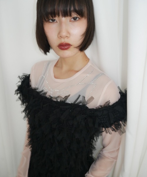 HONEY MI HONEY（ハニーミーハニー）の「line stone ribbon tulle tops（Tシャツ/カットソー・レディース・ピンク/サックスブルー/クリーム・FREE）」の8枚目の写真