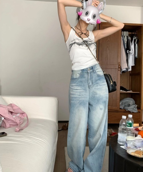 DEVICE(デバイス)の「ワイド ストレート ルーズ デニム パンツ(デニムパンツ・レディース・ブルー・FREE)」の2枚目の写真