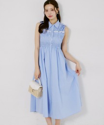 【ZOZO限定】フロントプチレース×シャーリングドロストスリーブストライプシャツワンピース