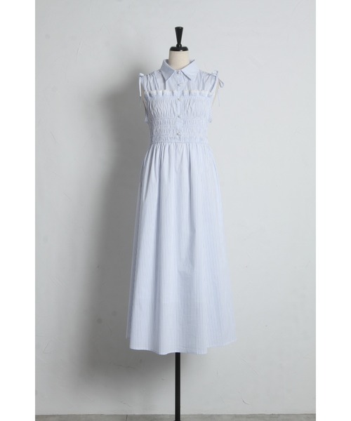 tocco closet(トッコ クローゼット)の「【ZOZO限定】フロントプチレース×シャーリングドロストスリーブストライプシャツワンピース(ワンピース・レディース・サックスブルー/オフホワイト・M)」の5枚目の写真