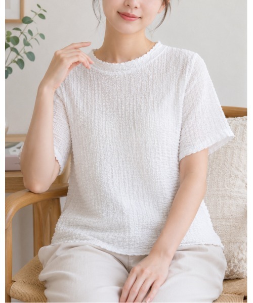 FAZVY（ファズビー）の「半袖ジャガードプルオーバー（シャツ/ブラウス・レディース・ブラック/スカイブルー/ベージュ/ホワイト・M）」の2枚目の写真