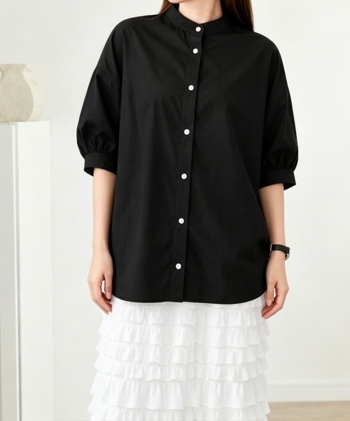 Miniministore(ミニミニストア)の「ボリュームスリーブシャツブラウス半袖春夏(シャツ/ブラウス・レディース・ブラック系2/ブラック系1/ホワイト/ネイビー・FREE)」の2枚目の写真