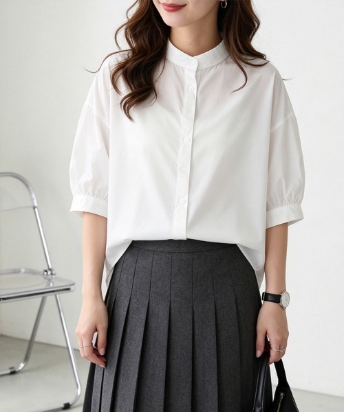 Miniministore(ミニミニストア)の「ボリュームスリーブシャツブラウス半袖春夏(シャツ/ブラウス・レディース・ブラック系2/ブラック系1/ホワイト/ネイビー・FREE)」の1枚目の写真