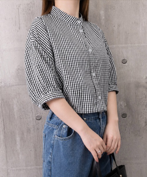 Miniministore(ミニミニストア)の「ボリュームスリーブシャツブラウス半袖春夏(シャツ/ブラウス・レディース・ブラック系2/ブラック系1/ホワイト/ネイビー・FREE)」の5枚目の写真