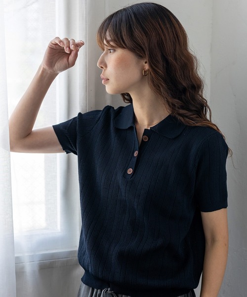 VitaFelice(ヴィータフェリーチェ)の「透かし編みニットポロ(ポロシャツ・レディース・ホワイト/クリーム/ネイビー・FREE)」の8枚目の写真