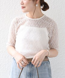 〈手洗い可能〉ストレッチ フラワー レース TEE
