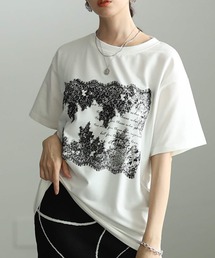 レース柄フロッキープリントTシャツ