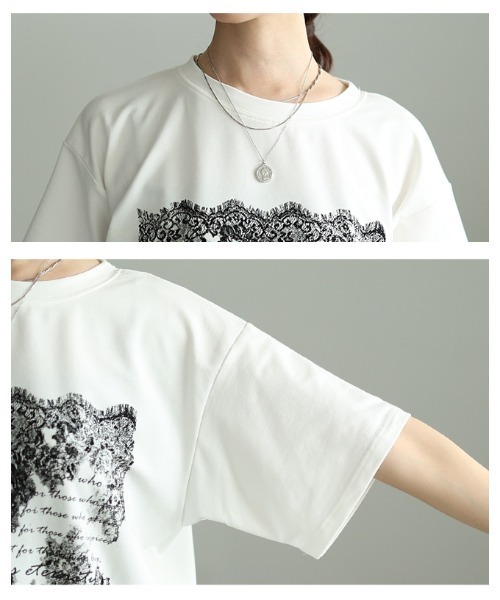 Sawa a la mode(サワアラモード)の「レース柄フロッキープリントTシャツ(Tシャツ/カットソー・レディース・ブラック/オフホワイト・FREE)」の6枚目の写真
