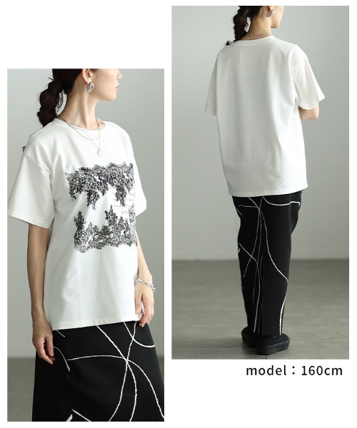 Sawa a la mode(サワアラモード)の「レース柄フロッキープリントTシャツ(Tシャツ/カットソー・レディース・ブラック/オフホワイト・FREE)」の10枚目の写真