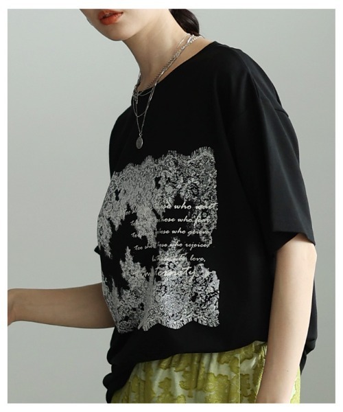 Sawa a la mode(サワアラモード)の「レース柄フロッキープリントTシャツ(Tシャツ/カットソー・レディース・ブラック/オフホワイト・FREE)」の15枚目の写真