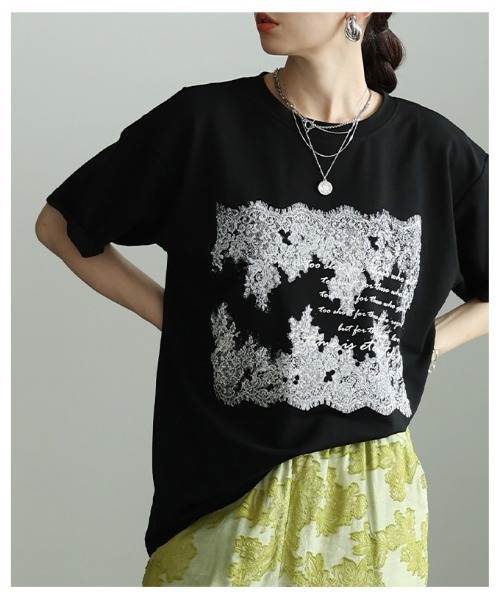 Sawa a la mode(サワアラモード)の「レース柄フロッキープリントTシャツ(Tシャツ/カットソー・レディース・ブラック/オフホワイト・FREE)」の17枚目の写真